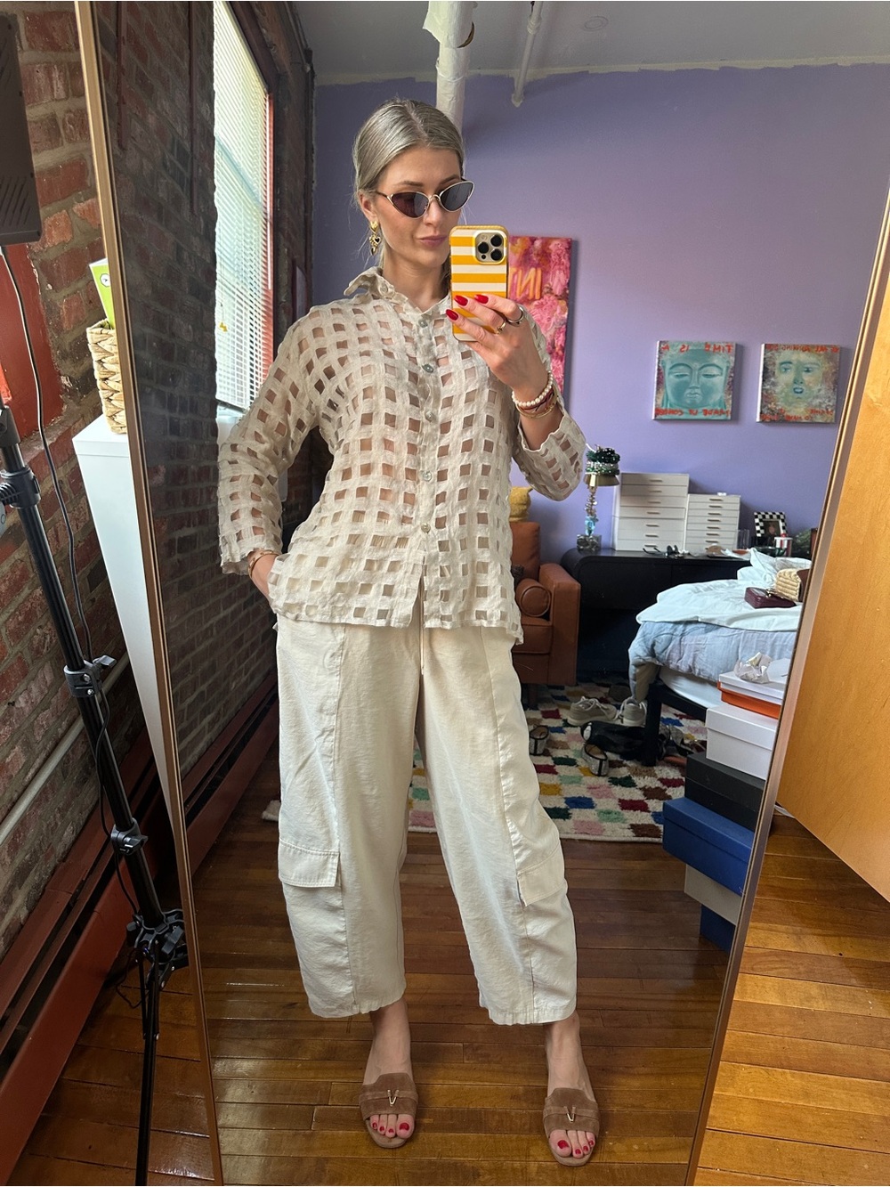 Cream Pure Linen Checkers Sheer Collared Shirt